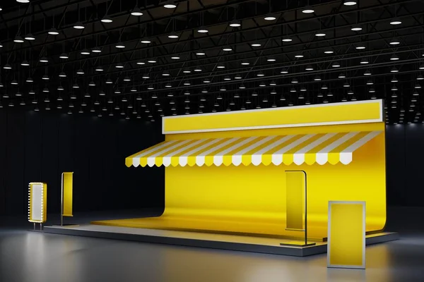 Yellow booth system exhibition stand display mockup template design for event trade fair show in exhibition hall center, convention hall, 3D rendering.