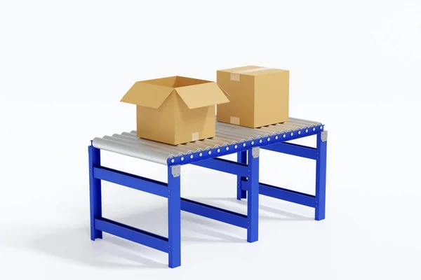 Kartondoboz Csomag Konténer Szállítószalag Gyártás Ling Automatizált Gép Fehér Háttér — Stock Fotó