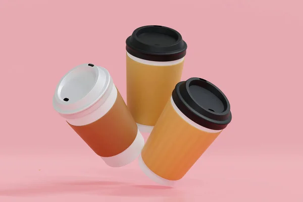 Papper Kaffekopp Med Tomma Etiketter Som Flyter Över Söt Rosa — Stockfoto