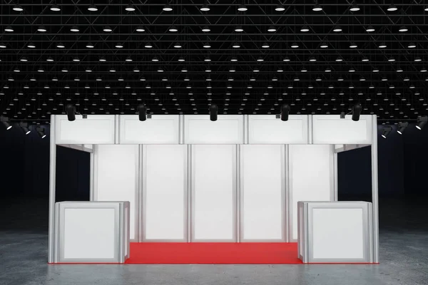 展示ホールセンター コンベンションホール 3Dレンダリングでのイベント見本市のための白いモックアップテンプレートデザインブースシステム展示スタンドディスプレイ ロイヤリティフリーのストック画像