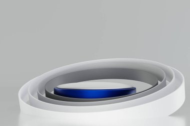 Ürün gösterimi için halka tüp yapısı arka planına sahip yuvarlak podyum kaidesel parlayan ışık, 3D görüntüleme.