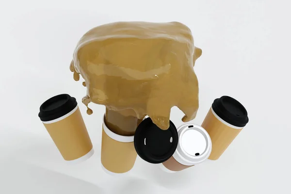 Кофейная Жидкость Всплеск Бумажной Чашки Кофе Пустыми Этикетками Плавающие Белом — стоковое фото