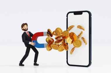 İş adamı elinde cep telefonundan para çekmek için büyük bir mıknatıs tutuyor, online piyasa eğlencesi parası, kâr kavramı alıyor. 3B görüntüleme.