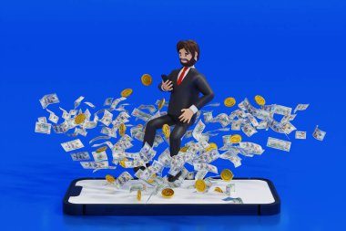 Businessman levitation using smartphone working business with coin and banknote up rising from big smartphone, 3D rendering cartoon character.