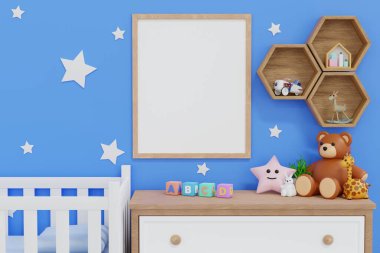 Empty poster frame mockup in baby kid room with cute doll and toy, nursery or children's room design for background, 3D rendering.