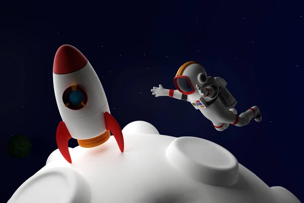 Astronaut with rocket and shuttle floating in space with asteroids moon and UFO, space adventure scientific discovery, 3D rendering cartoon character.