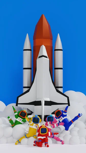 Group of Astronauts posing like superhero team in different poses, with space shuttle launched in clouds science technology space adventure discovery, 3D rendering