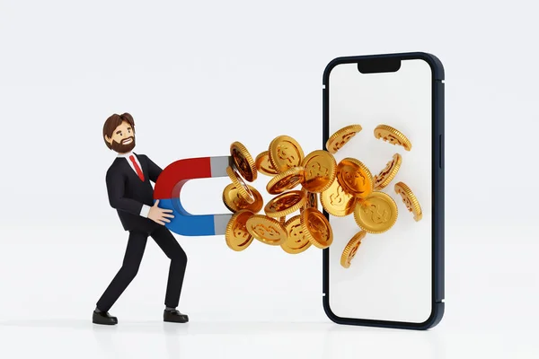 Businessman holding big magnet to attract coin from mobile phone, online market business attraction money, take profit concept. 3D rendering.