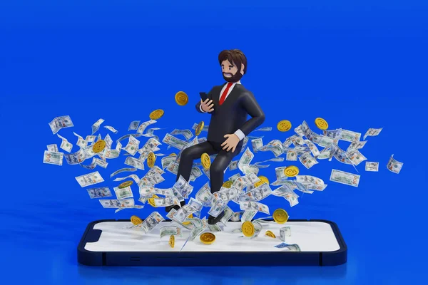 Businessman Levitation Using Smartphone Working Business Coin Banknote Rising Big — 图库照片