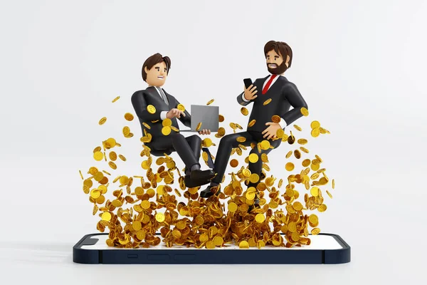 Affärsman Levitation Med Smartphone Arbetar Företag Med Mynt Upp Stiger — Stockfoto