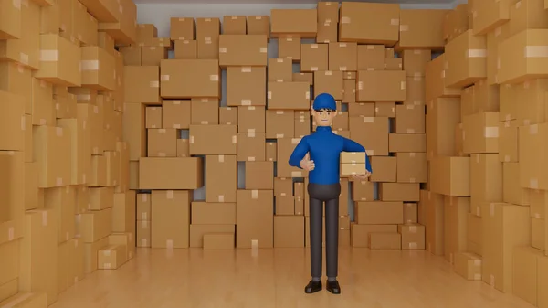 Happy Delivery Man Blue Uniform Holding Parcel Box Give Thumb — Stok fotoğraf