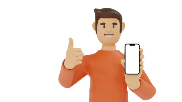 Cartoon Character Handsome Man Orange Shirt Show Smartphone Standing Thump —  Fotos de Stock