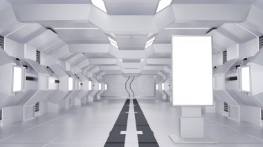 Boş reklam panosu veya LCD ekran standı, uzay gemisi veya uzay istasyonu iç kısmı, Sci Fi tüneli, reklam konsepti, 3D görüntüleme.