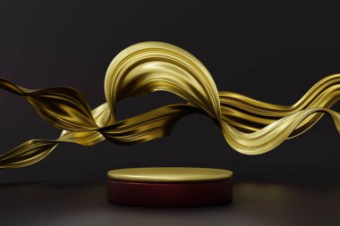 Koyu renk galeri odasında altın yumuşak tuval ile altın yuvarlak podyum, lüks güzellik kozmetik ürünleri için sergi, 3D görüntüleme.