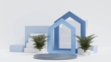 Ev şekli ve merdiven dekorasyonu olan yuvarlak podyum, gayrimenkul ürünleri fuarı veya sergi fuarı için sergi, 3D.