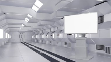 Boş reklam panosu veya LCD ekran standı, uzay gemisi veya uzay istasyonu iç kısmı, Sci Fi tüneli, reklam konsepti, 3D görüntüleme.