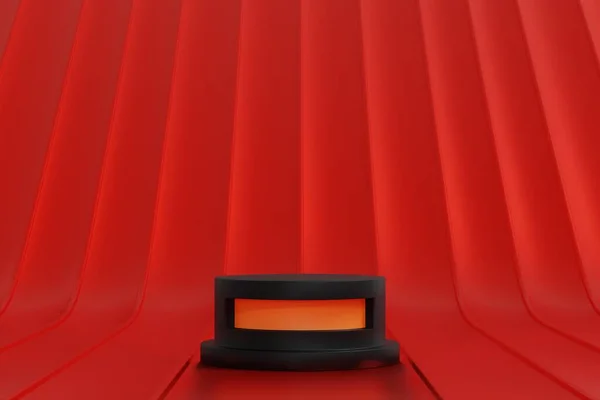 Kırmızı Zemin Üzerinde Basit Siyah Yuvarlak Podyum Kaidesi Prodüksiyon Fuarı — Stok fotoğraf