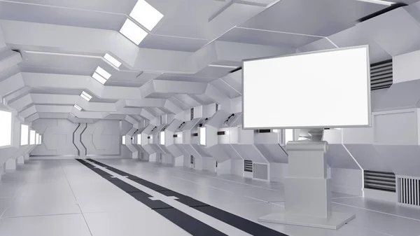Blank Mock Vertical Billboard Lcd Screen Floor Stand Spaceship Space — 图库照片