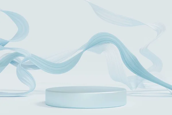 青の背景に豪華な柔らかい波のキャンバス要素とブルーラウンド台座の表彰台 美容化粧品製品のための表示 3Dレンダリング ロイヤリティフリーのストック写真