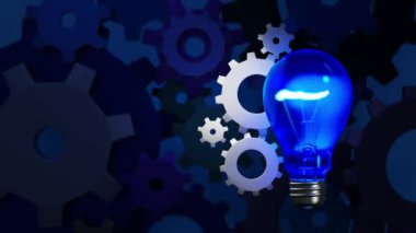 Ampul lambası dişli mekanizma ve dişli tekerlekler birlikte çalışır, fikir ve yenilik kavramı, üç boyutlu rendeleme. Kamera görüntüsü 4K