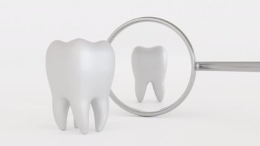 Tooth mascot look himself it the inspection mirror, dental care dentist concept, 3D rendering. 4K UHD