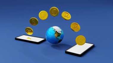 Mobile banking concept, coin moving from smartphone to other cellphone, online money transfer e-wallet, 3D rendering. Element by NASA. 4K UHD