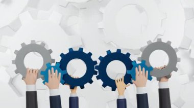 İş adamlarının elleri bir dişli parçasına bağlanıyor ve birleşiyor, ortaklık entegrasyonu ve takım çalışması konsepti, 3D görüntüleme, 4K döngüsü UHD.