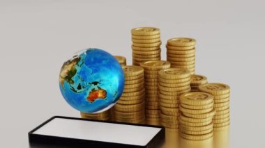 Smartphone with stack of gold coins and globe or earth, world business and financial concept. 3D rendering. element by NASA, 4K UHD