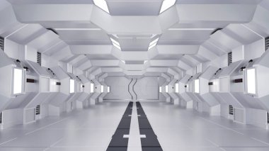 Inside spaceship or space station interior, Sci-Fi tunnel, corridor with empty space background, 3D rendering