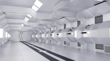 Uzay gemisinin ya da uzay istasyonunun içinde, Bilimkurgu tüneli, boş arkaplanı olan koridor, 3D görüntüleme
