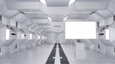 Boş reklam panosu veya LCD ekran standı, uzay gemisi veya uzay istasyonu iç kısmı, Sci Fi tüneli, reklam konsepti, 3D görüntüleme.