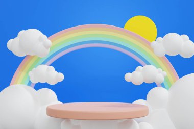 Mavi gökyüzünde bulutlu güneş ve balon olan güzel gökkuşağı yaz kampı için arka plan, tatil tatili, 3D görüntüleme.