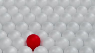 Kırmızı balon, beyaz balon grubundan daha yüksekte süzülüyor, lider konsepti, yaratıcı, farklı, düşünce ve fikir, üç boyutlu görüntüleme. 4K döngüsü.