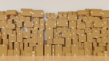 Lojistik depo dağıtım paketindeki karton kutu ya da paket yığını. Mal teslimatı kavramı. 3 boyutlu görüntüleme. 4K