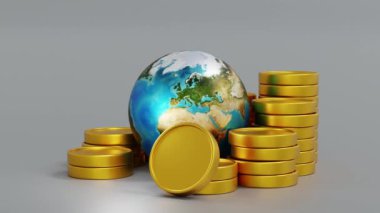 Dünya gezegeni ve altın para yığını, dünya çapında küresel iş piyasası kavramı, 3 boyutlu yorumlama. 4K görüntü.