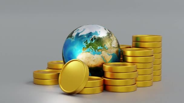 Planeta Ziemia Stos Złotych Monet Koncepcja Światowego Rynku Biznesowego Całym — Wideo stockowe