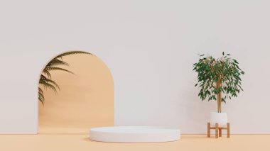 Yuvarlak silindir kaidesel podyum, asgari duvar kemer kapısı, yeşil yapraklı bitki ağacı, model ürün görüntüsü, 3D görüntüleme.
