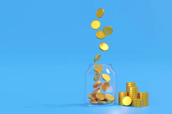 Falling gold coin money to clear glass jar or piggy bank, savings concept, business financial, 3D rendering.