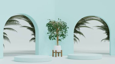 Yuvarlak silindir kaidesel podyum, asgari duvar kemer kapısı, yeşil yapraklı bitki ağacı, model ürün görüntüsü, 3D görüntüleme.