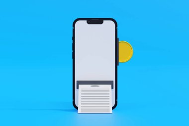 Kağıt fatura veya ödeme işlemleri ile akıllı telefon içine altın sikke takın boş ekran, çevrimiçi alışveriş veya ticari iş, 3D görüntüleme.