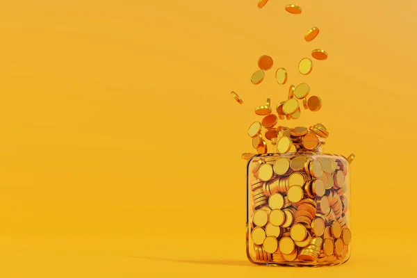 Gold coin falling in glass bottle jar, fill until full, savings growth money concept, bank deposit, 3D rendering.