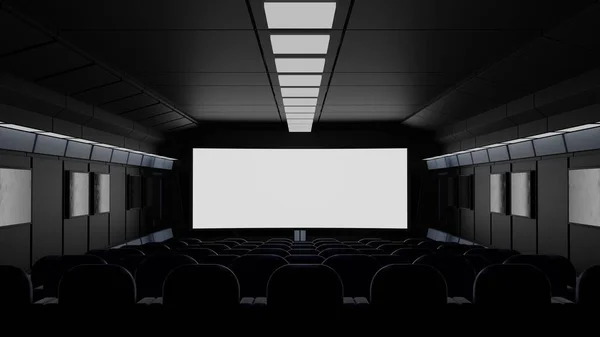 Empty movie cinema theater with rows of comfortable velvet armchair, cinema screen, 3d rendering.