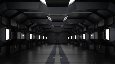 Uzay gemisinin ya da uzay istasyonunun içinde, Bilimkurgu tüneli, boş arkaplanı olan koridor, 3D görüntüleme