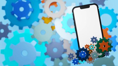 Dişli mekanizması ve dişli tekerlekleri olan akıllı cep telefonu, bakım, uygulama güncelleme kurulumu veya geliştirme teknolojisi, 3D görüntüleme.