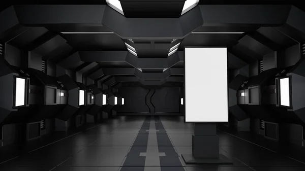 Blank mock up vertical billboard or LCD screen floor stand in spaceship or space station interior, Sci Fi tunnel, advertising concept, 3D rendering.