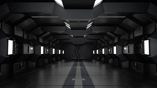 Inside spaceship or space station interior, Sci-Fi tunnel, corridor with empty space background, 3D rendering