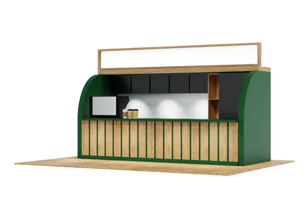 カウンター コーヒーマシン 冷蔵庫および黒板メニュー 緑および木材料の設計 3Dレンダリングが付いている喫茶店の喫茶店の喫茶店のブースのキオスク ストック写真