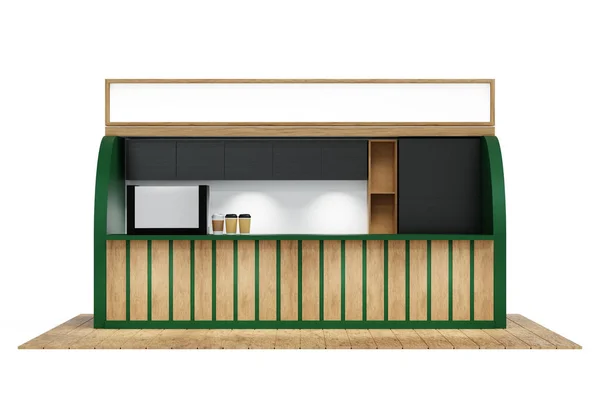 カウンター コーヒーマシン 冷蔵庫および黒板メニュー 緑および木材料の設計 3Dレンダリングが付いている喫茶店の喫茶店の喫茶店のブースのキオスク ロイヤリティフリーのストック画像