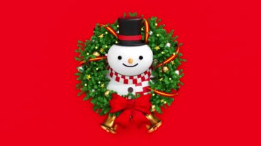 Noel çelengi ve kurdeleli kardan adam, Mutlu Noeller Xmas ve Mutlu Yıllar Festivali, bayram tebrik kartları, 3D animasyon 4K yorumları.