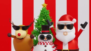 Mutlu Noel Baba kardan adam ve ren geyikleri neşelenin ve hediyelerle süslenmiş Noel ağacıyla el kaldırın. Mutlu Noeller. 4K görüntü.